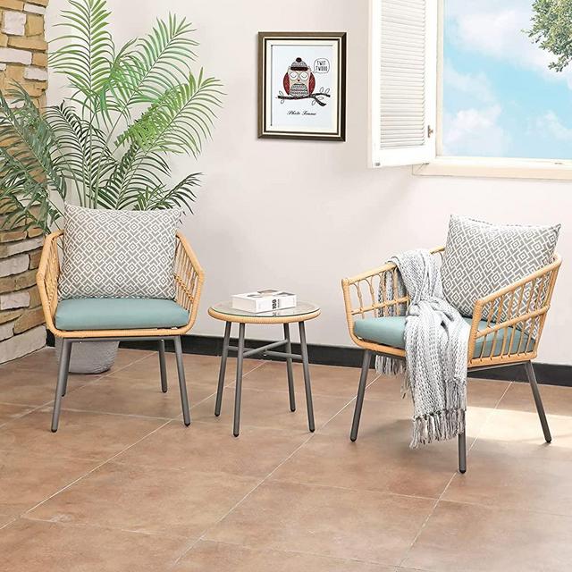 OC Orange-Casual Patio Furniture Set, Outdoor Chairs with Round Coffee Table, 3 Piece Chat Set, Tan Wicker and Turquoise Cushions