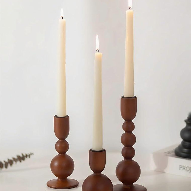 NUPTIO Candlestick Holders for Home Decor: Set of 3 Wood Taper Candle Holders for Thanksgiving Table Centerpieces - Mid Century Modern Caramel
