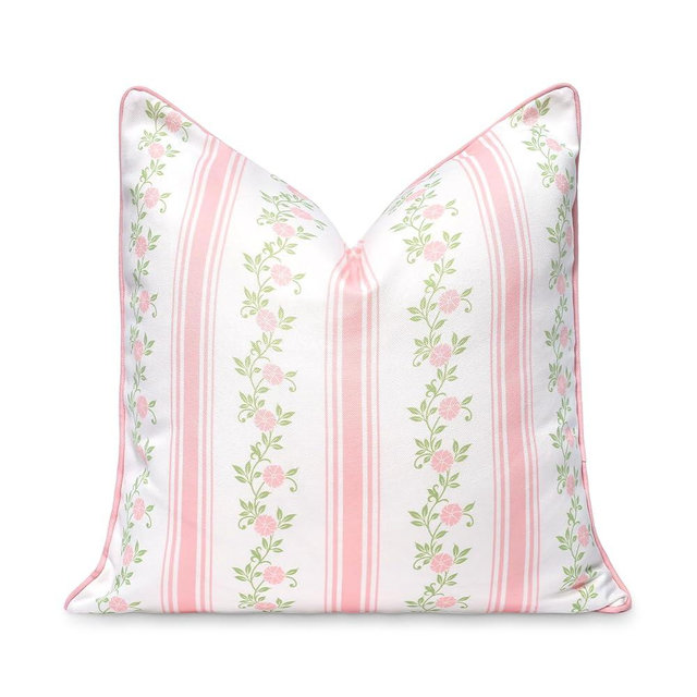 Hofdeco Premium Coastal Patio Indoor Outdoor Throw Pillow Cover Only, 20"x20" Water Repellent for Backyard, Couch, Blush Pink Print Stripe Floral