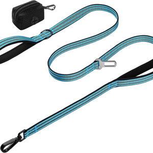 WINGOIN Dog Leash for Large Medium Small Dogs, Heavy Duty Dog Leashes with Double Handle, Poop Bag Holder, Car Seat Belt Buckle, Reflective Tactical Pet Lead for Walking, Training (Blue, 6FT)