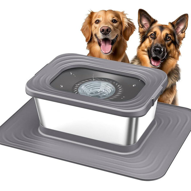 Decflow 10L Stainless Steel Dog Water Bowl, No Spill Anti-Splash Dog Bowls with XXL Silicone Mat, Spill-Proof Slow Feeder for Messy Drinkers, Heavy Duty Pet Bowls for Indoor/Outdoor Use Grey