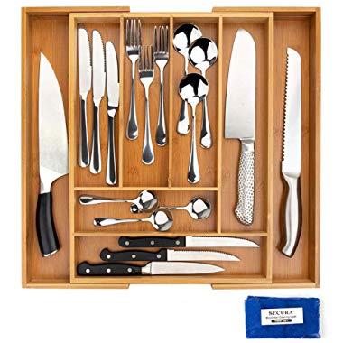 Secura Bamboo Expandable Drawer Organizer, Silverware Utensil Holder and Cutlery Tray for Kitchen, Office, Bathroom and Home (8 Expandable Compartments)