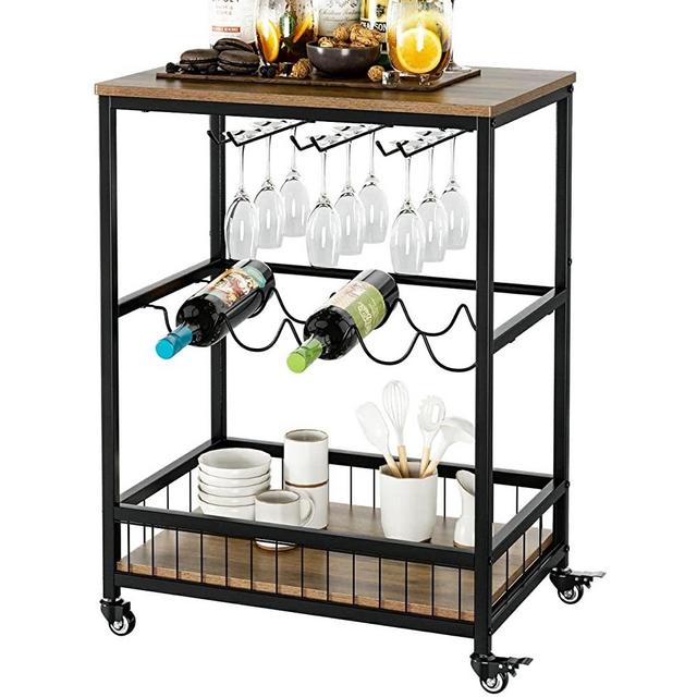 HITHOS Industrial Bar Carts for Home, Mobile Bar Serving Cart, Wine Cart on Wheels, Beverage Cart with Wine Rack and Glass Holder, Rolling Drink Trolley for Living Room, Kitchen, Rustic Brown