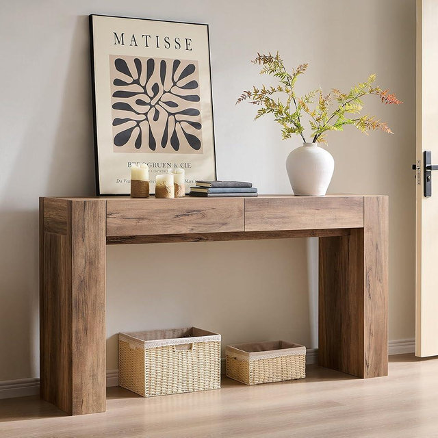 OKD Modern Entryway Console Table, Sofa Table with Drawers, 63" Long Hall Table Behind Couch, Thick Wood Design for Living Room, Hallway - Rustic Oak