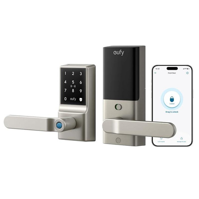 eufy Security Smart Lock C33, Keypad Door Lock with Handle, Fingerprint Door Knob, Keyless Entry Door Lock for Front Door and Bedrooms, Electronic Deadbolt, Wi-Fi, App Control, IP53 Waterproof, Nickel