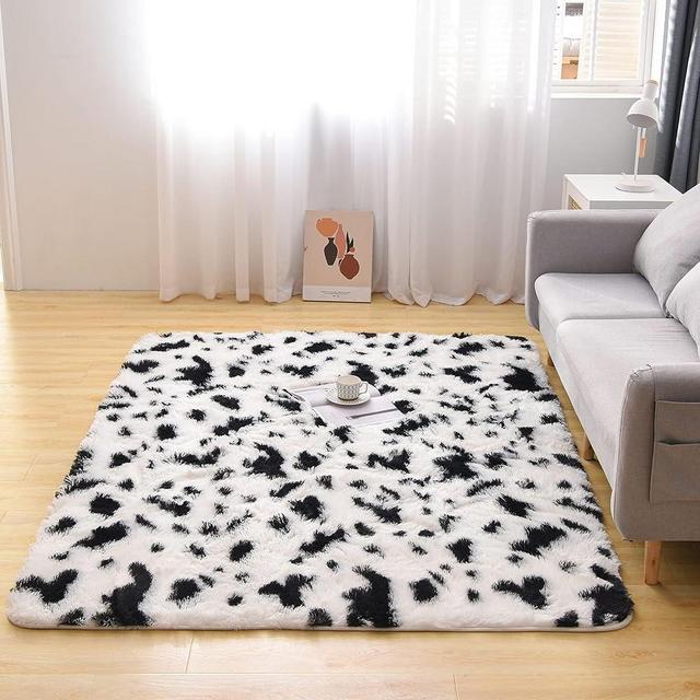 Meeting Story Cow Print Rug Faux Cowhide Rugs Cute Animal Print Carpet Fluffy Shaggy Tie Dye Fuzzy Area Rugs for Living Room Nursery Kids Floor Mat Thick Plush Non-Skid (White-Black, 6'x9')