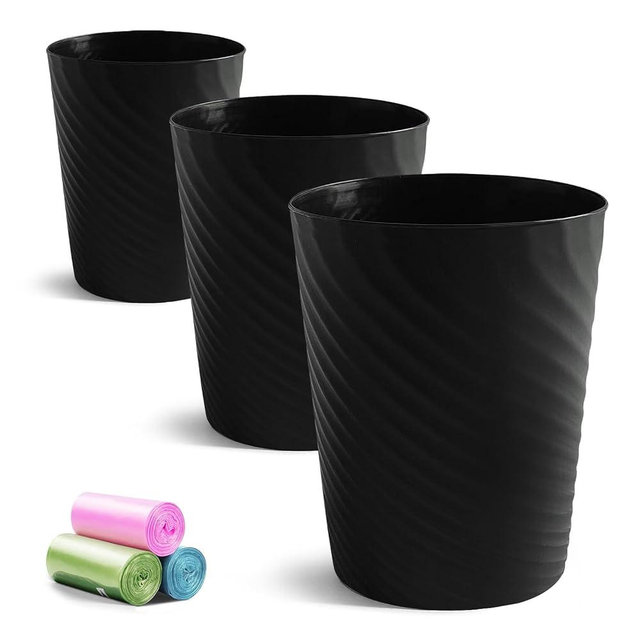 Bathroom Trash Can, 3 Pack 1.8 Gallons Small Trash Can with Trash Bags, Bathroom Garbage Can, Plastic Trash Bin, Round Waste Basket for Bathroom, Bedroom, Office, Kitchen, Room, Compact Space (Black)