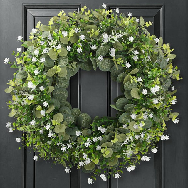 22 Inch Spring Summer Wreaths for Front Door, Artificial Eucalyptus Wreaths with Babys Breath Flower, Lush Greenery Farmhouse Door Decor for Outdoor Indoor Wall Porch & All Seasons Decoration