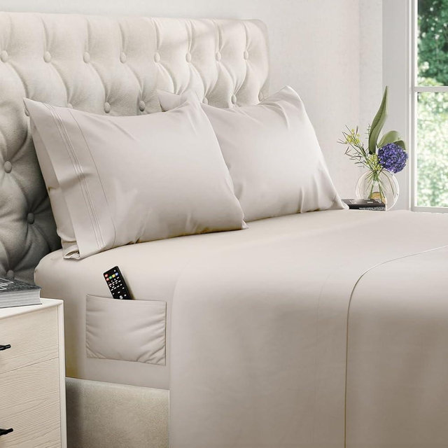 DREAMCARE King Size Sheets Set – 4 pcs Cooling Sheets – up to 21” Deep Pocket King Sheet Set – Hotel Luxury Sheets & Pillowcases – Superior Softness 100% Microfiber with Side Pocket - Beige