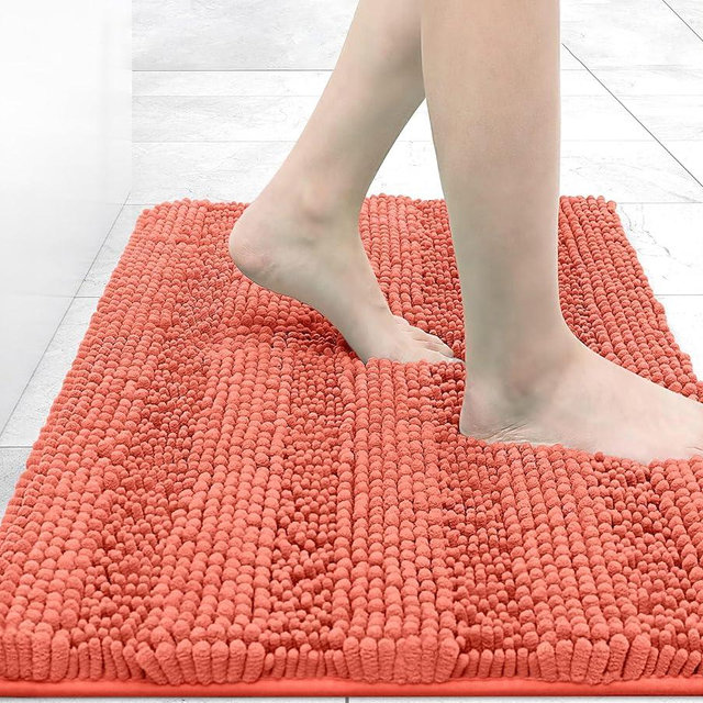Grandaily Chenille Striped Bathroom Rugs 30x20, Extra Thick and Absorbent Bath Mats, Non-Slip Soft Plush Shaggy Shower Carpet, Machine Wash Dry, Bath Rug for Bathroom, (Medium, Coral)