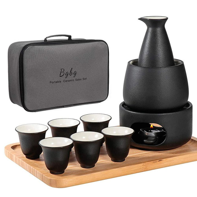 Bgbg Ceramic Sake Set with Warmer Pot Bamboo Tray-Traditional Japanese Pottery Hot Saki Set 11-Piece including 1 Sake Pot,6 Sake Cups，1 Warming Mug，1 Candle Stove, 1 Candle Tea Light Holder and 1 Tray