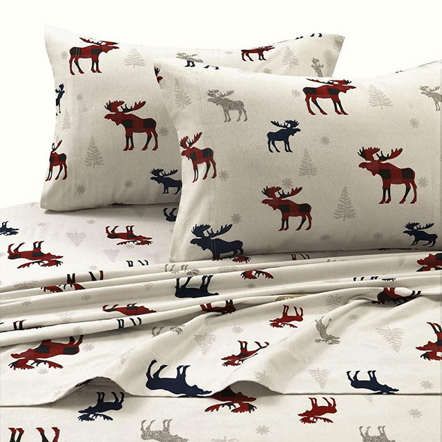 Tribeca Living PLRE170SHEETKI Plaid Moose Printed Flannel Deep Pocket Sheet Set, King