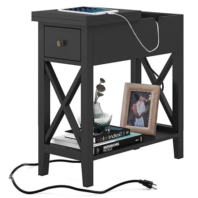 ChooChoo End Table with Flip Top and Charging Station, Narrow Side Table with Storage Cabinet and USB, Skinny Sofa Table with Power Outlet for Living Room Bedroom, Black