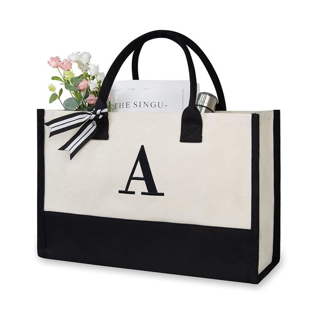 TOPDesign Embroidery Initial Canvas Tote Bag, Personalized Present Bag, Suitable for Wedding, Birthday, Beach, Holiday, is a Great Gift for Women, Mom, Teachers, Friends, Bridesmaids (Letter A)