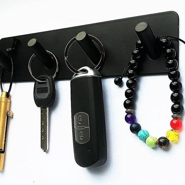 FULLINY Key Holder for Wall Adhesive Key Hooks for Wall with 4 Key Hooks, Key Hanger Key Rack for Wall, Stainless Steel Heavy Duty Adhesive Hooks for Hanging, Black, No Screw Holes