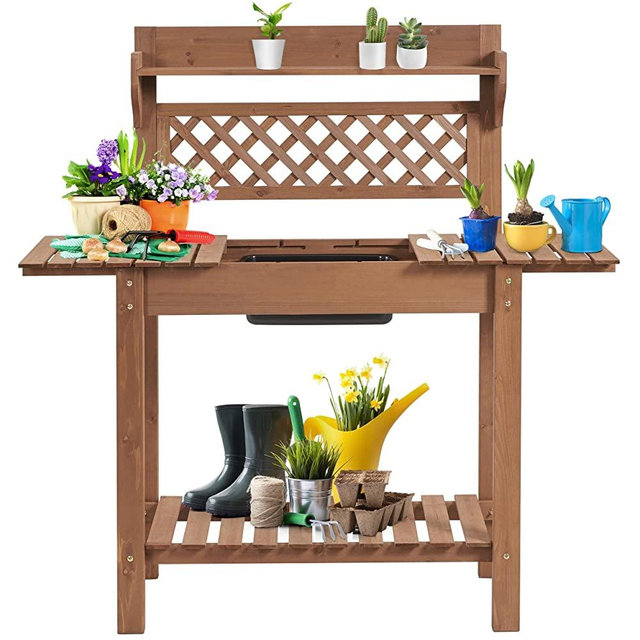 Yaheetech Potting Bench Table Outdoor Garden Potting Table Wooden Workstation w/Sliding Tabletop Removable Sink w/Storage Shelf Flower Pot Bench Mobile Garden Potting Bench Brown
