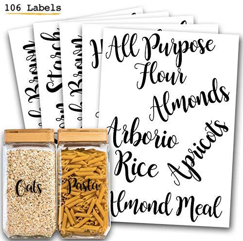 106 Pantry Labels Stickers by 7 Ruby Road for Kitchen Organization and Storage. Clear Water Resistant, Farmhouse Cursive Script for Food Canisters, Containers, Mason Jars for flour, sugar, coffee