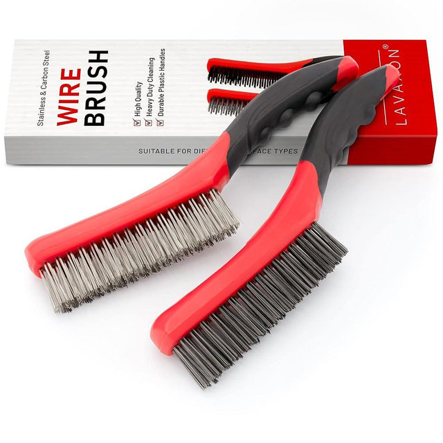 Lavaxon Wire Brush Set-Heavy Duty Stainless & Carbon Steel Bristles with Plastic Handle Grip for Rust, Wielding Slag, Dirt & Paint Scrubbing with Deep Cleaning – 10 Inches, Large (Pack of 2-Red)