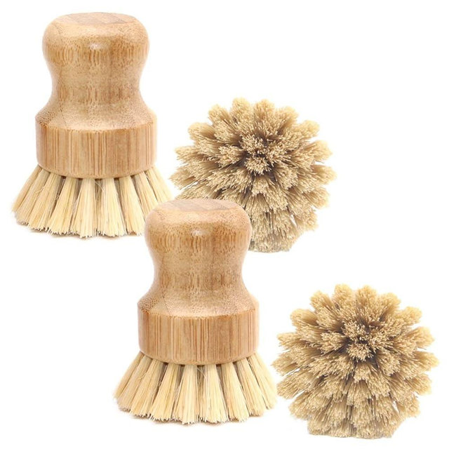 4 Packs Bamboo Palm Scrub Brush Sisal Dish Brush Round Natural Dish Scrubber for Cast Iron Pots, Pans, Kitchen Sink and Vegetable