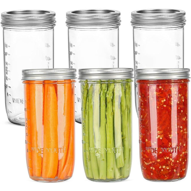 24 oz Mason Jars Wide Mouth - 6 Pack Mason Glass Mason Jars with Airtight Mason Jar lids and Bands Canning Glass Jars for Fermenting, Pickling, Meal Prep, Overnight Oats, Jam, Jelly, DIY Projects