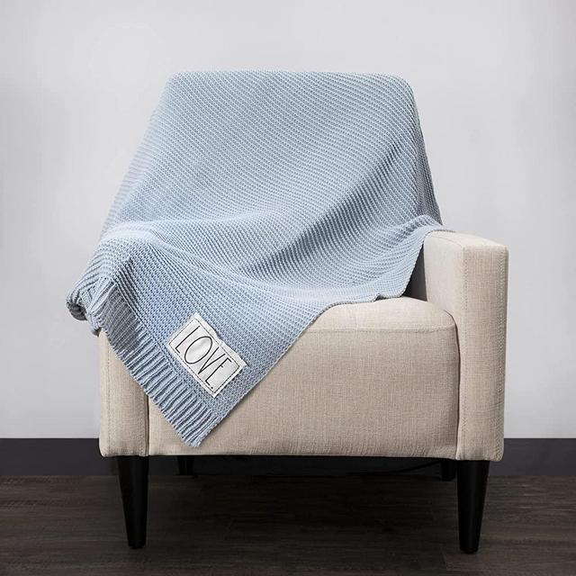 Rae Dunn Throw Blanket- Soft, Decorative Blankets for Bed or Couch, Cozy Throws for Sofa, Plush Periwinkle Chenille Throw Embroidered with Love, 50 inches x 60 inches