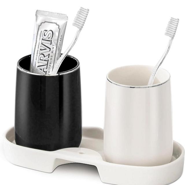 BLBYHO Ceramic Bathroom Tumbler Cup, 2 Pcs Reusable Mouthwash Cup Couple Bathroom Tooth Brushing Cup Set with Tray, Toothbrush Toothpaste Holder for Sink Countertop, 2 Color:White & Black, 12.6oz