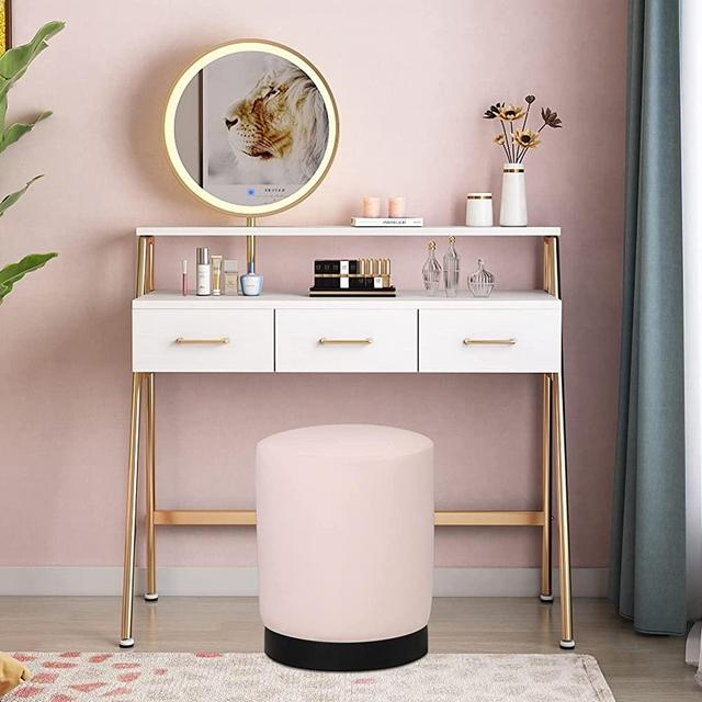 VINGLI Upholstered Velvet Round Footrest Stool Ottoman, Vanity Stool Shoe Bench Coffee Side Table with Black Matte Base and Soft Cushion，Great for The Living Room or Bedroom (Pink)