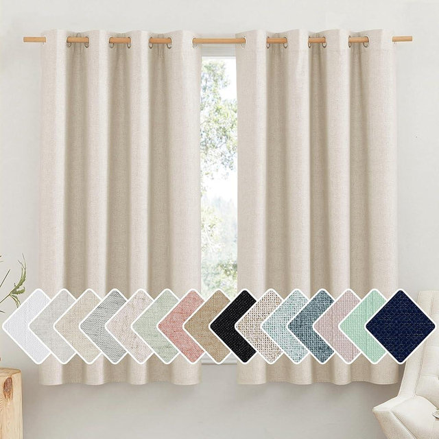 NICETOWN 100% Absolutely Blackout Linen Curtains with Thermal Insulated White Liner, Beige, 52" Wide by 63" Long, 2 Pieces, Anti-Rust Grommet Natural Burlap Fabric Window Drapes for Bedroom/Kids Room
