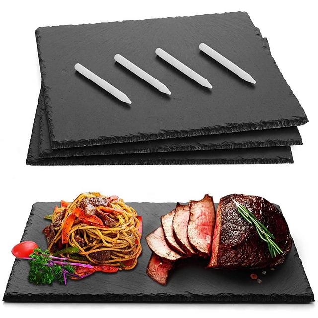 GOH DODD 12 x 12 Inch 3 Pieces Slate Cheese Boards, Square Black Stone Plates Placemats Gourmet Serving Tray Display Chalkboard for Charcuterie Meat Cake Fruit Meat Appetizers Dried Fruits Sussi