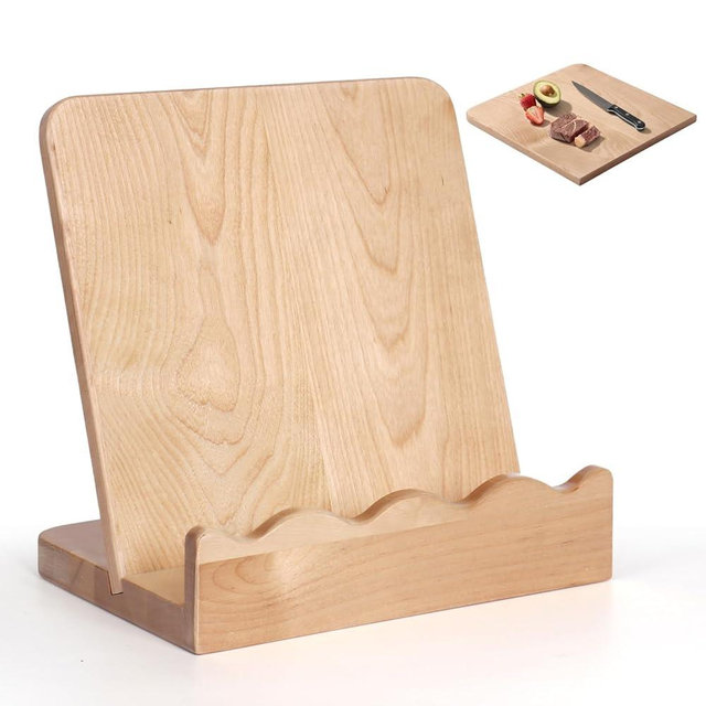 Scalloped Wooden Cookbook Stand with Removable Cutting Board – Adjustable Recipe Book Holder, Charcuterie Board & Kitchen Serving Tray – Kitchen Counte Decor/Maple Wood
