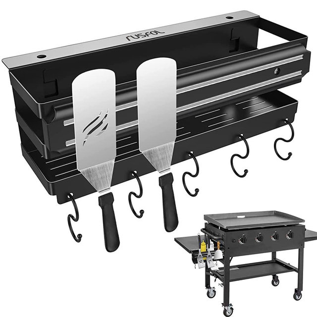 RUSFOL Stainless Steel Griddle Caddy with Magnetic BBQ Utensils Strip for 28"/36" Blackstone Griddles, with a Allen Key, Space Saving BBQ Accessories Storage Box, Free from Drill Hole&Easy to Install