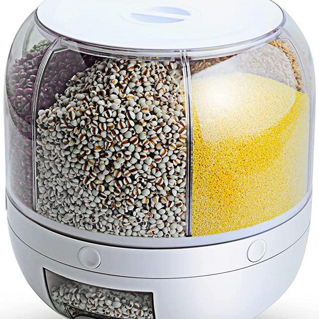 WOWFUNNY Grain Dispenser, 8.2 Qt Rotating Rice Dispenser Storage Container, 6-Compartment Dry Food Dispenser with Measuring Cup, Food Storage Containers for Kitchen Small Grains, Beans, Rice (8.2Qt)