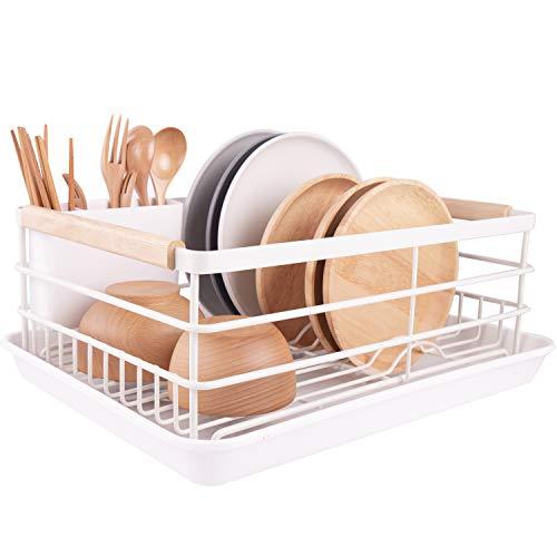 BRIAN & DANY Dish Drying Rack, Stainless Steel Dish Drainer for Kitchen Supplies Storage, Wooden handle, Removable Plastic & Cutlery Tray, White