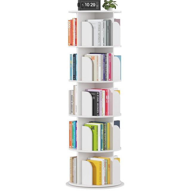 Rotating Bookshelf Tower 5 Tier,Spinning Bookcase, Revolving 360 Book Shelf Narrow Tall Bookcase, Vertical Turning Round storage Bookshelf ,Book Shelf Organizer for Bedroom, Living Room, White