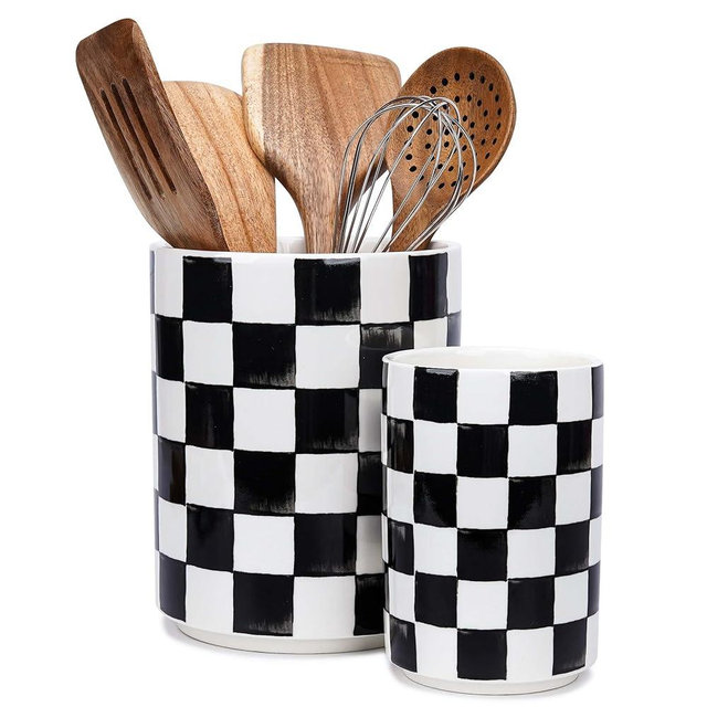 Quuavio Utensil Holder, 7.2"+5.4" Checkered Ceramic Utensils Holder, Large and Small Utensil Crocks for Kitchen Counter, Spatula Holder, Farmhouse Kitchen Decor