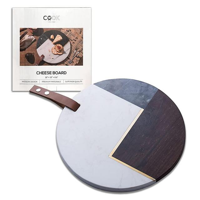 ZYH Round Marble Cheese Plate 10"×10" Spliced Natural Solid Wood Service Tray Modern Style Item Display Tray