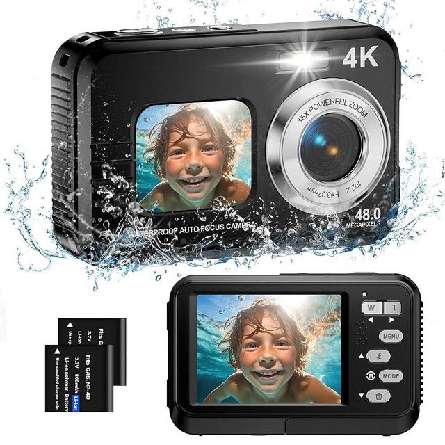 TEBNGIHNM Underwater Camera, 4K Waterproof Camera, 48MP Autofocus Selfie Dual Screens 11FT Underwater Camera for Snorkeling Waterproof Compact Portable Digital Camera, 2 Batteries
