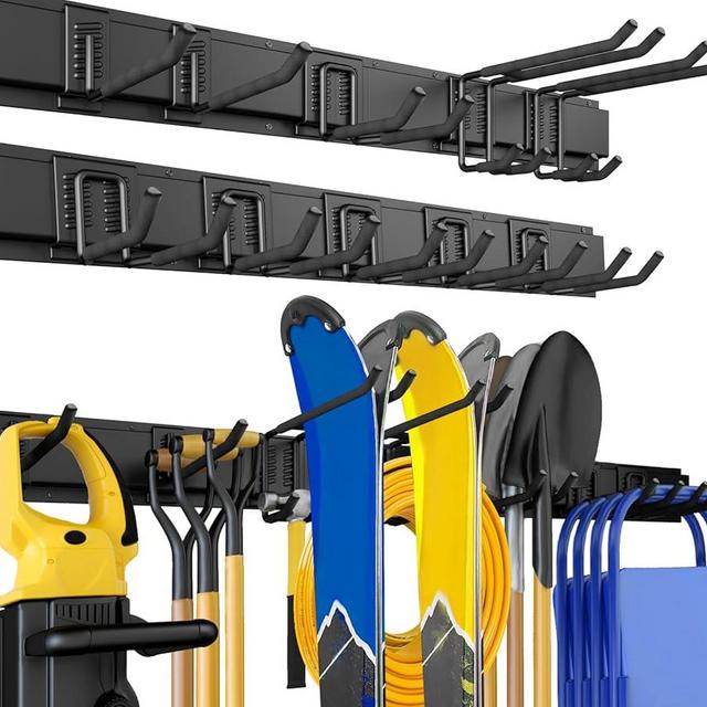 UUP Garage Storage, Garage Organization, Wall Mount Garden Tool Organizer 64 Inches, Max 620lbs Adjustable Metal Hooks, Yard Shed Organizer Rack, Tool Holder for Hanging Rake Broom Mop Snowboard
