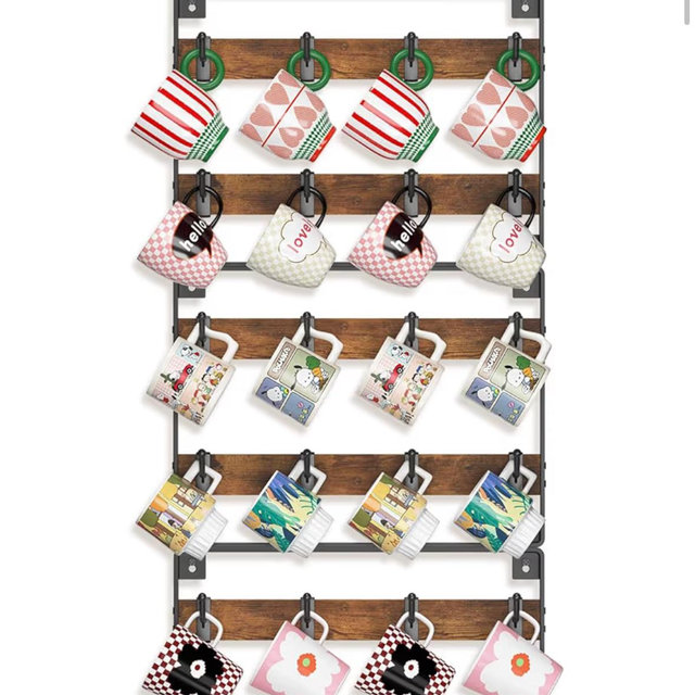 EsLuker.ly Mug Holder Hanger Rack Wall Mounted Wooden 3 Pack Coffee Cup Storage Organizer Display Shelf with 24 Movable Plastic Hooks, Ideal for Mug Collectors