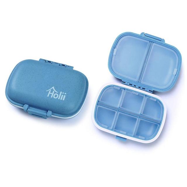 Holii 2PS 8 Compartments Travel Pill Organizer, Pocket Pharmacy for Purse Daily Pill Box Portable Medicine Organizer Vitamin Holder Container (Blue)