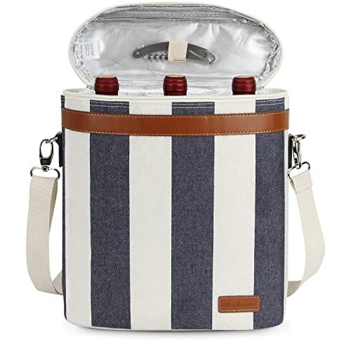 ZORMY 3 Bottle Insulated Wine Tote Cooler Bag, Portable Wine Carrier with Corkscrew Opener and Shoulder Strap for Beach Travel Picnic, Unique Wine Carrier for Wine Lover Gifts (Wide Stripe)