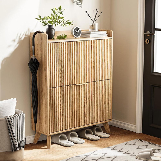 DAMCROP Fluted Shoe Cabinet with 2 Flip Drawers, Mid Century Modern Shoe Storage Cabinet for Entryway, Hidden Shoes Rack Cabinets Free Standing Shoes Organizer for Hallway(Oak)