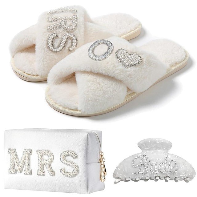 BILJOY Personalized Initial Bridal Shower Gifts Box Set, Bride Slippers MRS Cosmetic Bag Bride Hair Clip Wedding Gifts for Bride, Bride to be Gifts Bachelorette Gifts