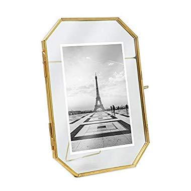 Isaac Jacobs 5x7, Antique Gold, Vintage Style Octagon Brass and Glass, Metal, Floating Desk Photo Frame (Vertical), with Locket Closure for Pictures Art, More (5x7)