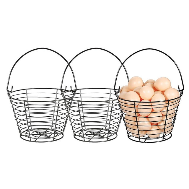 OGANAZI 3 PCS 8" Black Round Wire Egg Baskets With Handle, Small Metal Egg Collecting Basket for Gathering Fresh Eggs, Chicken and Duck Eggs Hunting Basket Egg Holder Countertop