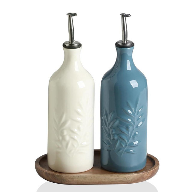 Sweejar Ceramic Olive Oil Dispenser Bottle, 20 Oz Relief Opaque Oil Cruet Protects To Reduce Oxidation, Suitable for Storage Vinegar, Soy Sauce,Liquids,Set of 2 (BeigeFogblue)