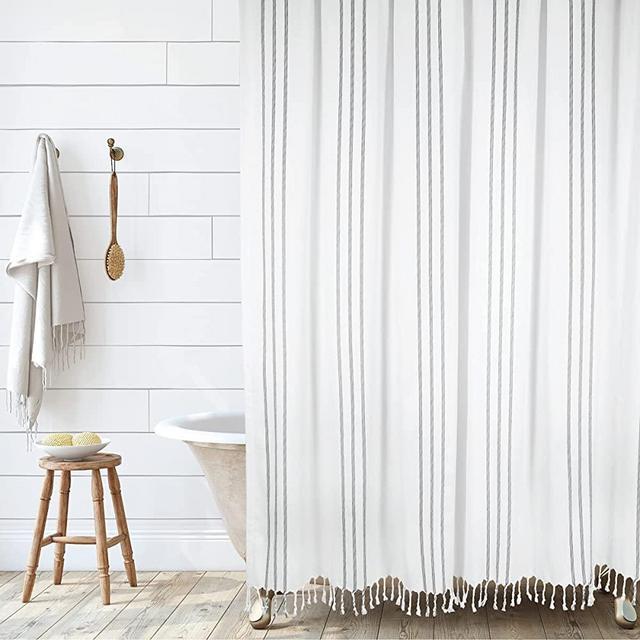 Modern Farmhouse Tassel Shower Curtain 100% Cotton Striped Fabric Shower Curtain with Tassels for Bathroom Decor - Vertical Stripe White, 72"x72"
