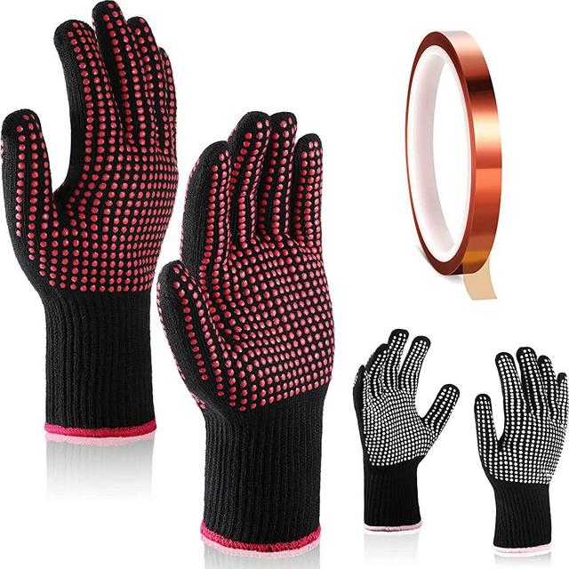 Outus 4 Pieces Heat Resistant Glove with Silicone Bumps 1 Roll Heat-resistant Adhesive Tape Heat Proof Gloves