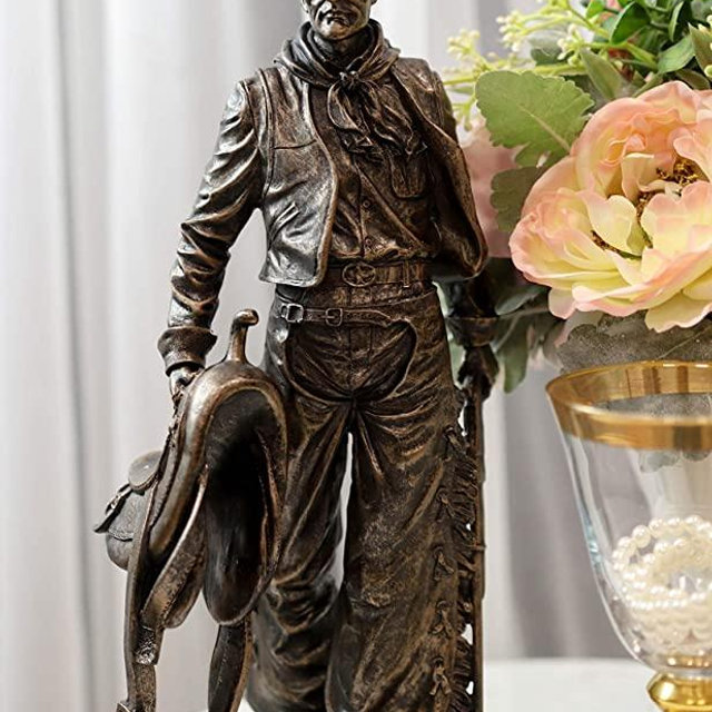 Ebros Western Cowboy Holding Horse Saddle and Rifle Gun Statue 12.25" Tall Faux Bronze Resin Old World Wild West Cowboys Rustic Themed Accent Figurine