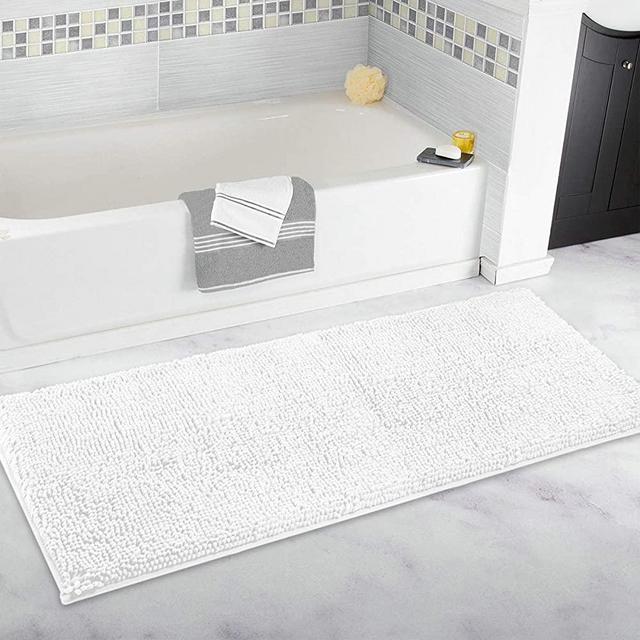 ITSOFT Non Slip Shaggy Chenille Soft Microfibers Runner Large Bath Mat for Bathroom Rug Water Absorbent Carpet, Machine Washable, 47 x 21 Inches White